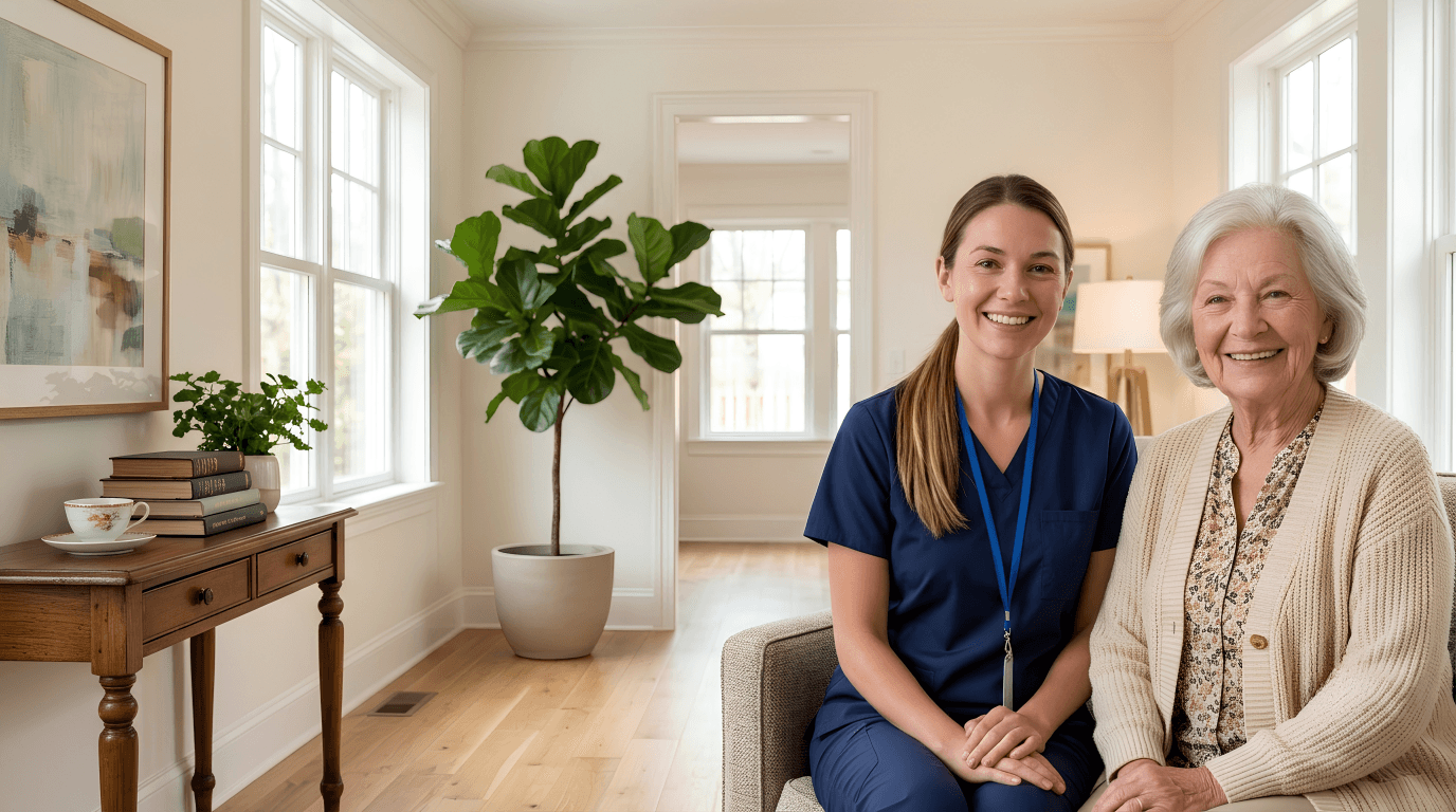 Professional caregiver smiling with an elderly woman
